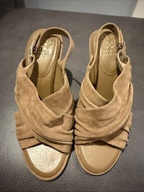 Vince Camuto Tan Suede Draped Slingback Wedge Sandals